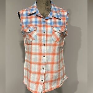 Hippie Laundry Sleeveless Plaid Button Down Shirt Red White Blue Size Large